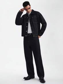 Zorclune Bộ đồ denim nam màu xanh đậm 2 món, áo khoác thường ngày và quần ống rộng, bộ đồ denim nam mùa xuân/thu, quần jeans rộng thùng thình. - Rửa tối - Xem 1