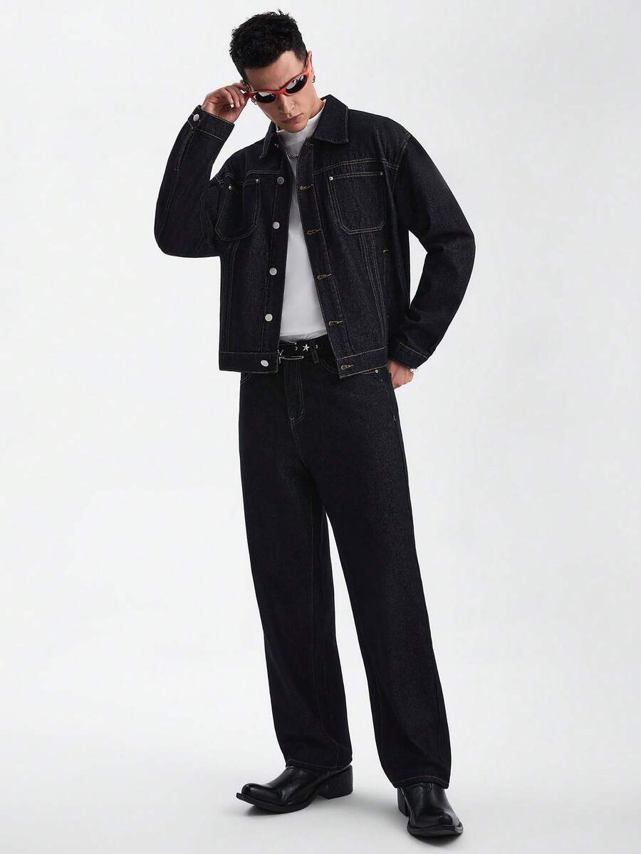 Zorclune Bộ đồ denim nam màu xanh đậm 2 món, áo khoác thường ngày và quần ống rộng, bộ đồ denim nam mùa xuân/thu, quần jeans rộng thùng thình. - Rửa tối - Xem 1