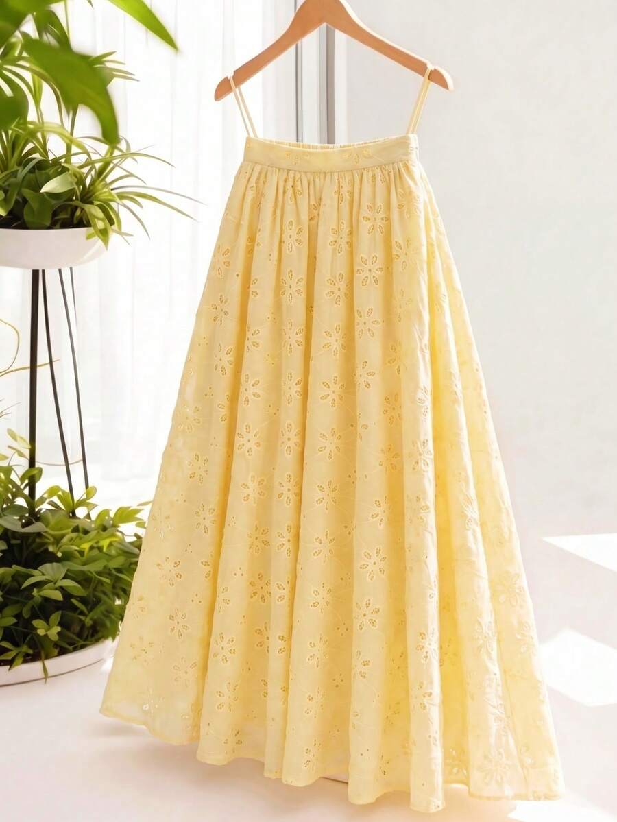 SHEIN Franclia Chân váy chữ A màu vàng nhạt họa tiết hoa rỗng thời trang và thanh lịch - Màu vàng - Xem 1