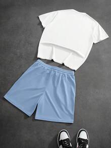 PAVTROS Men's Letter Print Round Neck Short Sleeve T-Shirt And Drawstring Waist Shorts Casual Set - Multicolor - View 2