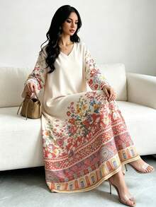 SHEIN Najma Đầm dài tay cổ chữ V in họa tiết hoa và trái tim đối xứng cổ điển màu mơ nhạt, thời trang nữ, trang phục phong cách Ả Rập thanh lịch, đầm maxi dài duyên dáng cho mùa xuân/hè. - Nhiều màu - Xem 3