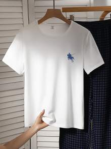 青少年女孩白色圓領短袖上衣配藍色小馬印花，搭配舒適柔軟格紋睡褲短褲，休閒居家服2件套 - 藍色 - 查看 6