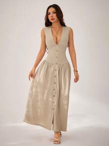 SHEIN PETITE Đầm nữ thanh lịch, tối giản màu kaki giả vải lanh, cổ chữ V, không tay, thắt eo, đầm sơ mi cài cúc phía trước, đầm xòe, đầm thường ngày, đầm phong cách retro, đầm tối giản, đầm đi nghỉ mát. - Màu Khaki - Xem 4