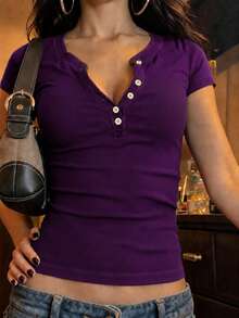EMERY ROSE Women's Solid Color Button Half-Placket Short Sleeve Fitted Cropped T-Shirt Night Out Purple Summer - Purple - View 6