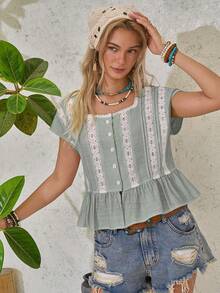 LanaWest Women's Contrast Lace Single-Breasted Ruffle Hem Blouse - Mint Green - View 3