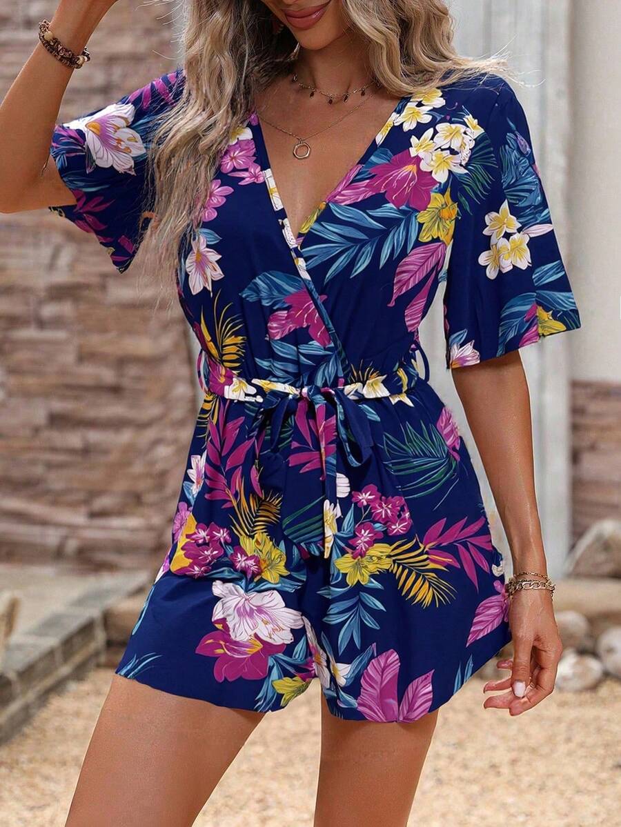 SHEIN Holidaya 女士热带植物印花短袖休闲连体裤 - 藍色 - 查看 1
