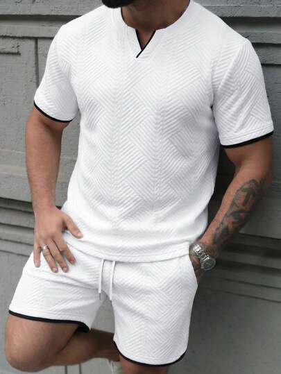 Manfinity CasualCool Men's Short Sleeve Textured Fabric Contrast Color Pullover T-Shirt Set, Suitable For Home, Outing And Gatherings