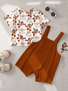 LOONEY TUNES X SHEIN Bộ áo thun và áo liền quần ngắn tay cổ tròn họa tiết hoạt hình dễ thương cho bé trai mùa hè. - Nhiều màu - Xem 2