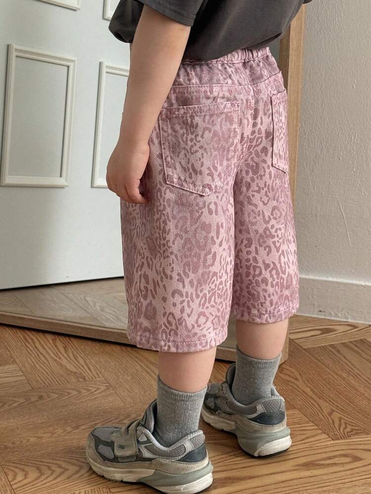 Toddler Boys' Loose Fit Washed Denim With All-Over Leopard Print, Korean Style