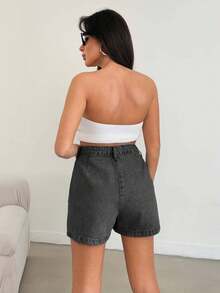 EURMUSE Women's High Waist Pleated Pockets Loose Casual Denim Shorts - Light Grey - View 2