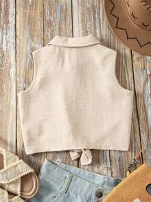 Emery Rose Kids Emery Rose Kids 女童無袖鈕扣短版上衣 西部刺繡前綁帶式夏季上衣 柔軟背心衫 童裝 - 卡其色 - 查看 9