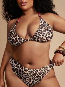 SHEIN BAE Bộ bikini hai mảnh Bonvoyette Xuân/Hè 2026 dành cho nữ, kiểu dáng dây mảnh, cổ yếm, nền đen, chấm bi trắng, họa tiết ngẫu nhiên, dễ thương, cắt cao bên hông, thích hợp cho kỳ nghỉ hè, bộ bikini nữ, trang phục hè hai mảnh, đồ bơi hai mảnh nữ. - Đỏ - Xem 5