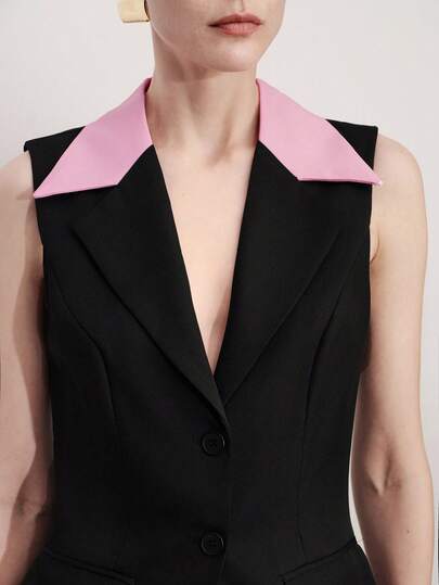 Aveloria Modichic Minimalist Fashionable Chic Commuting Versatile Black & Pink Contrast Waist Sleeveless Blazer Vest For Women