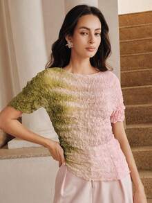 Anewsta Lässiger, pendlerfreundlicher, urlaubstauglicher, date-geeigneter, süßer Farbverlauf Kurzarm Pullover für Frauen - Pink - Übersicht 7