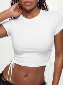 ROMWE Women's Casual Sexy Satin Ribbon Embellished T-Shirt Golf White - White - View 1