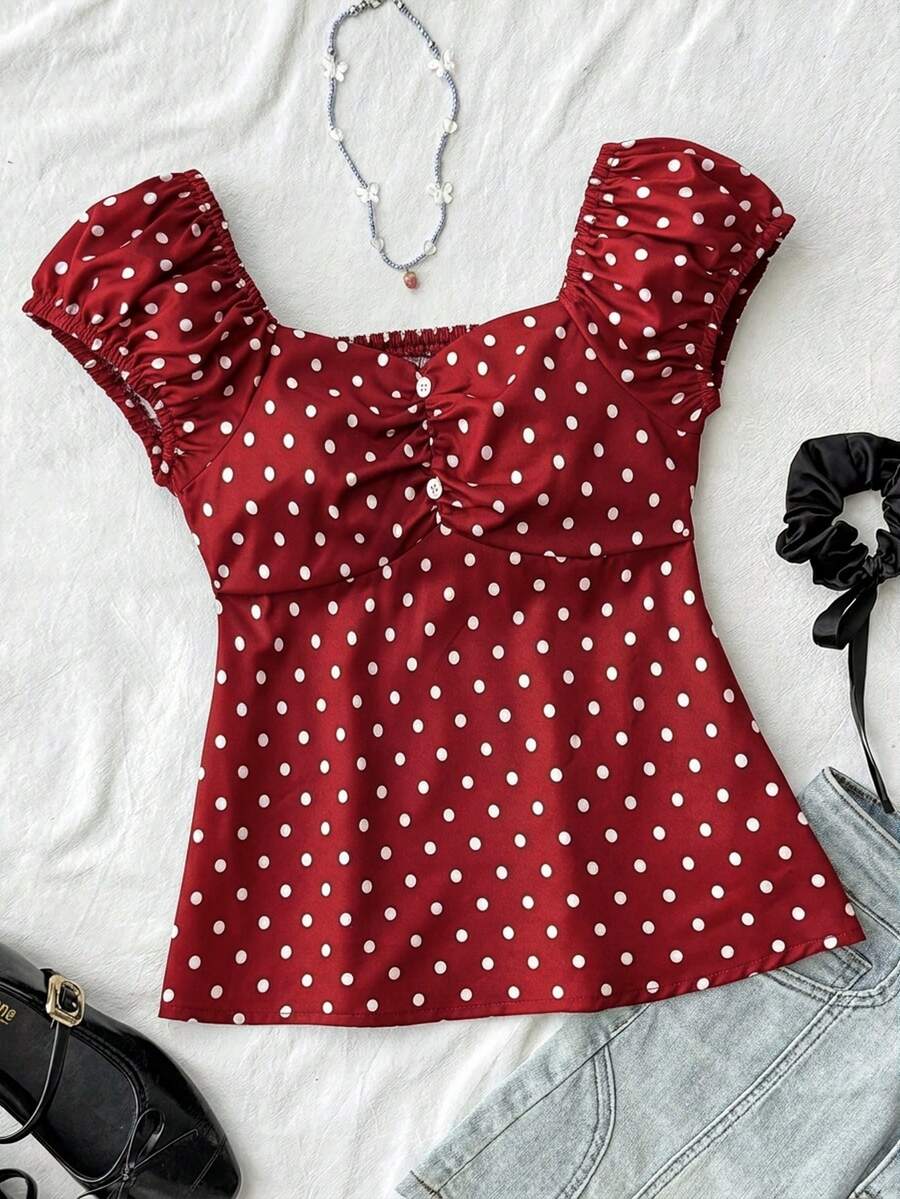 SHEIN Tween Girls' Casual Comfortable Polka Dot Backpack Shirt For Everyday Wear - Red - View 1