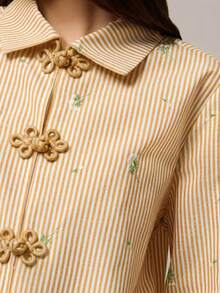 Nöista Loose Blouse With Chinese Style Buttons On Front Opening, In Contrast Red And Fabric Stripes Flower Print. Spring, Summer For Festival - Yellow - View 3
