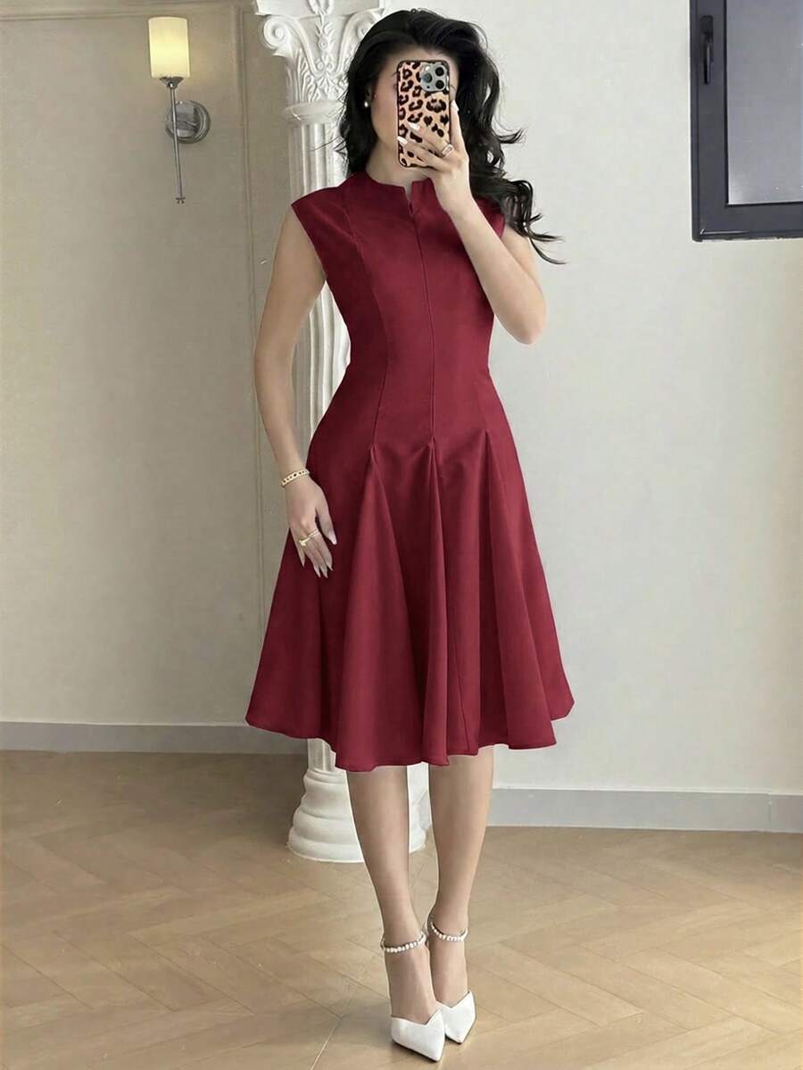 Feyla Gaun Mini Kasual Lengan Pendek dengan Desain Resleting Warna Polos untuk Wanita