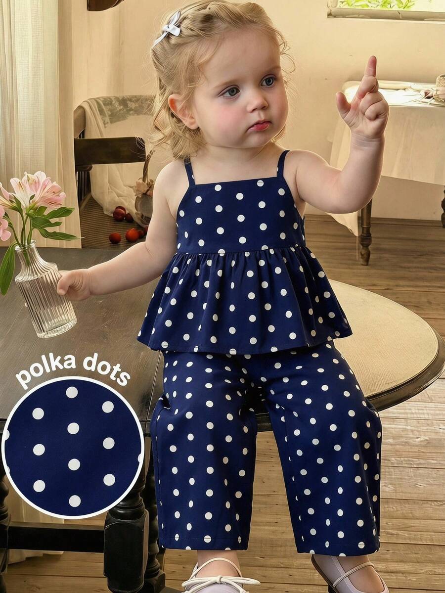 SHEIN Baby Girl Casual Cute Polka Dot Pattern Camisole And Elastic Waist Pants Set - Multicolor - View 1