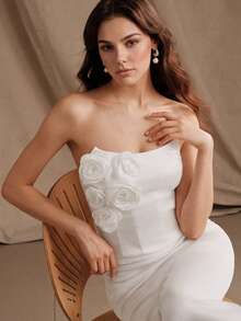 Anewsta Women's Waist Cinching Fitted Floral Decor Tube Top, Summer Graduation Guest White Elegant - White - View 5