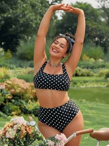 Swim Mod Bộ bikini 2 mảnh cỡ lớn mới năm 2026, họa tiết chấm bi đen trắng ngẫu nhiên, thích hợp mặc đi biển và nghỉ dưỡng, mùa xuân/hè. - Đen và trắng - Xem 4