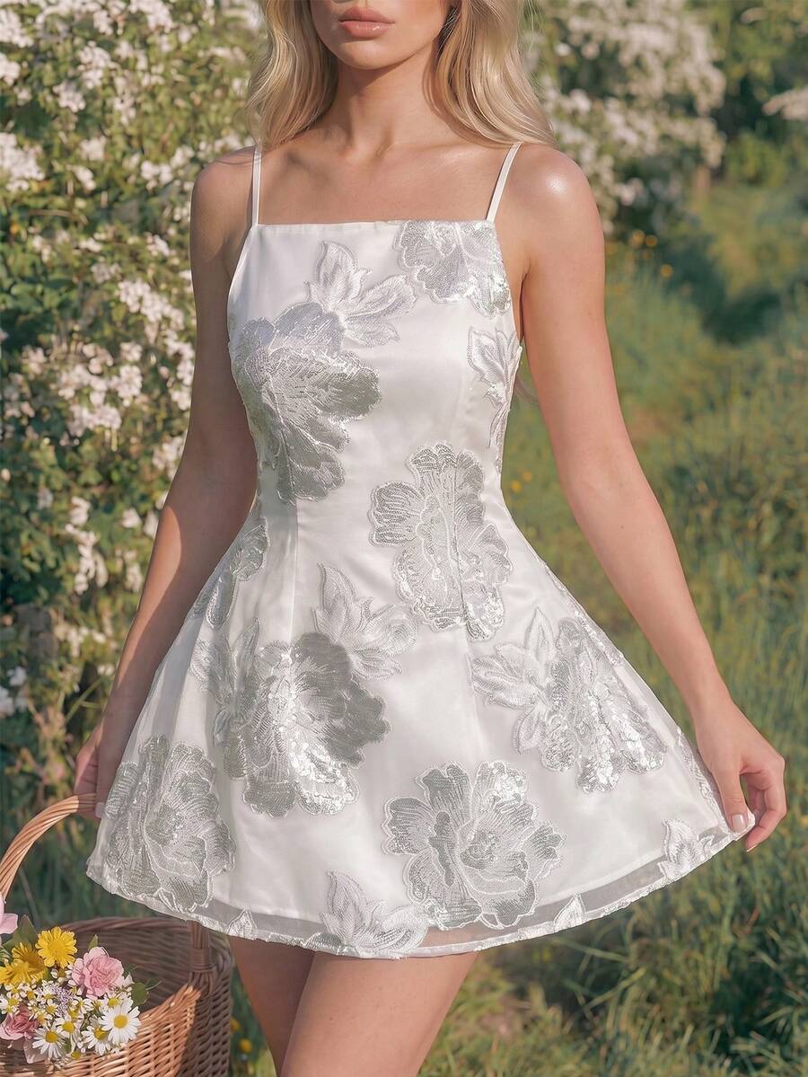 Glamine Charm 女士欧根纱提花金属饰边A字公主吊带裙,短款夏季迷你派对宾客婚礼鸡尾酒会连衣裙,秋季女装返校季 - 白色 - 查看 1