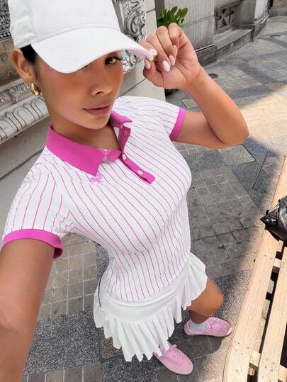 SHEIN Dewbera Women's Striped Short Sleeve Casual Fitness Sports Polo Shirt