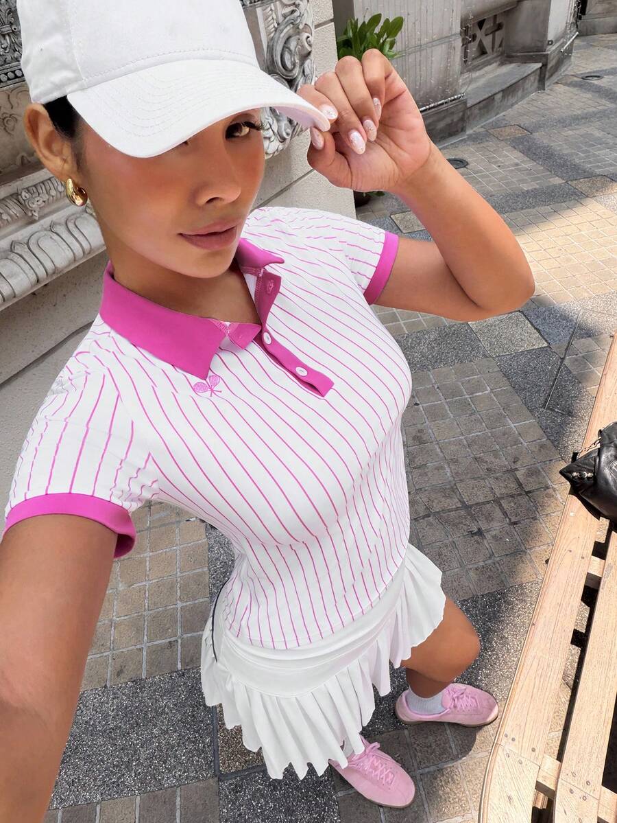 Gameset SHEIN Sport 女款條紋短袖休閒健身運動 Polo 衫 - 彩色 - 查看 1