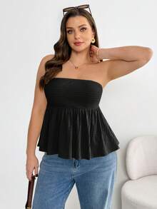 SHEIN Essnce 大码女装春夏时尚休闲弹力舒适日常百搭显瘦纹理面料浅黄色无肩带上衣，夏季服装，外出上衣，度假装扮，曲线可爱服装 - 黑色 - 查看 7