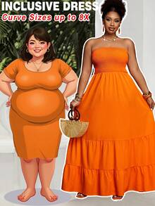SHEIN CURVE+ Đầm mùa hè Slayr Vacation Casual màu xanh lá cây trơn, không dây vai, cỡ lớn dành cho nữ. - trái cam - Xem 1