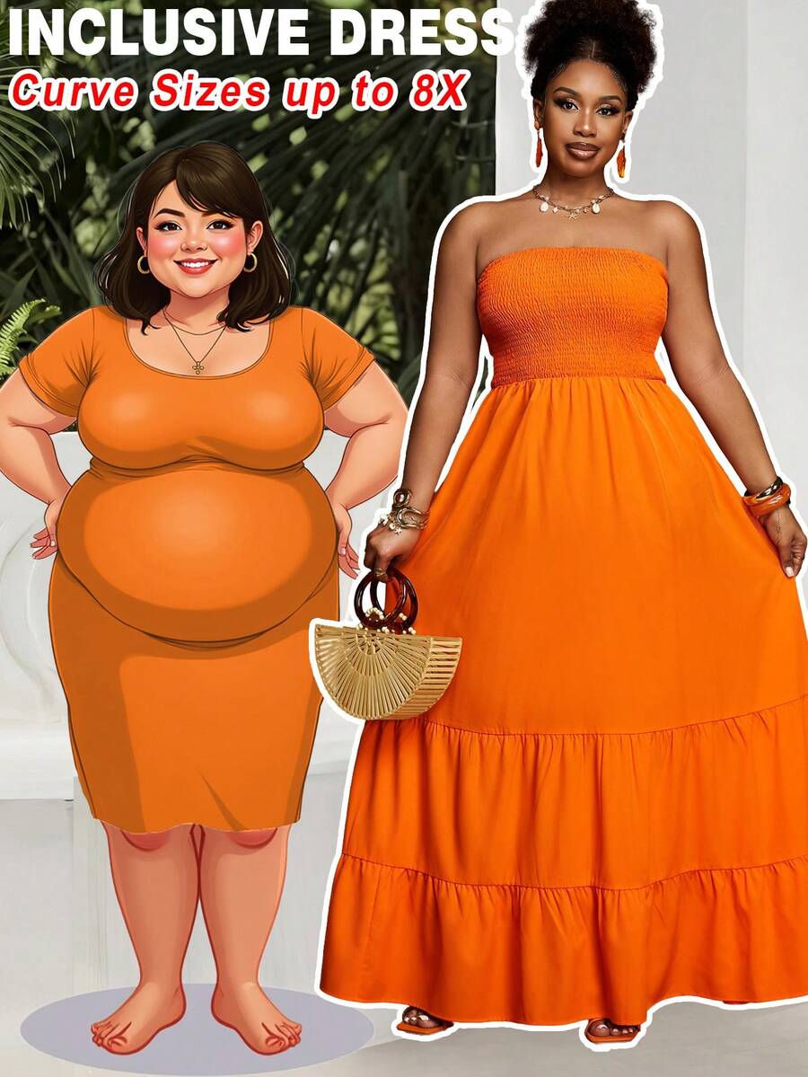 SHEIN CURVE+ Đầm mùa hè Slayr Vacation Casual màu xanh lá cây trơn, không dây vai, cỡ lớn dành cho nữ. - trái cam - Xem 1