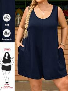 SHEIN CURVE+ Plus Size Women's Solid Color Round Neck Casual Loose Romper With Pockets, Summer - Navy Blue - View 1