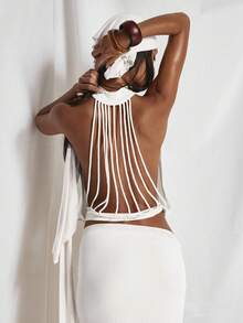 MUSERA High Neck Voluminous Ruched Waistband Panelled Open Back Top Cute Holiday Sexy Night Out Vacation Spring Summer Elegant Soleil Drape - White - View 5