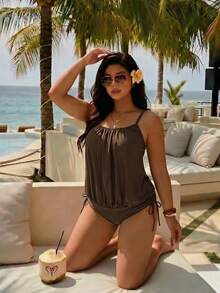 Swim Lushoire Conjunto de tankini de 2 piezas para mujer talla grande, color negro, estilo minimalista casual con camiseta y calzoncillos - Café integral - Ver 3