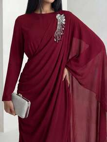Veilorie Women's Elegant Rhinestone Decor Asymmetrical Sleeve Ruched Waist Arabic Style Dress - Burgundy - View 6