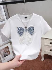 SHEIN Frenchy Áo thun nữ cổ tròn dáng ôm, chất liệu 95% cotton, thiết kế nơ thêu, trang phục thường ngày cho nữ. - Nhiều màu - Xem 1