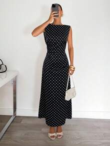 Siren Gaze Black And White Polka Dot Midi Dress, Sleeveless, Fitted, Halter Neck, Backless Party Holiday, Summer Vacation Evening Gown 70s Retro Elegant - Black - View 4