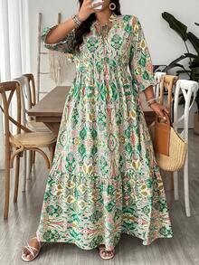 SHEIN VCAY Plus Size Green Retro Print Dress, Suitable For Summer Beach Vacation - Green - View 6