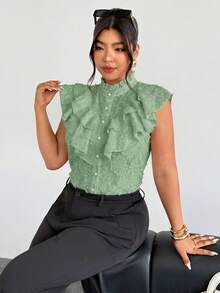 Firerie Camisa de verano de talla grande, elegante, de unicolor, con textura y volantes, con botones delanteros - Verde - Ver 7