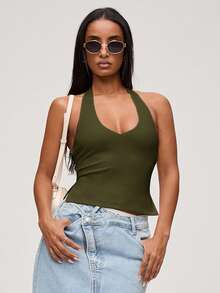 SHEIN BASICS Casual Solid Color Knit Halter Neck Top For Women - Army Green - View 4