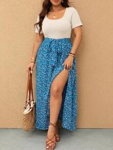 Elaquor Plus Size Women Patchwork Ditsy Floral Side Slit Hem Casual Dress - Royal Blue - View 3