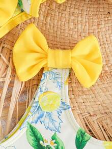 Cozy Pixies 2pcs Baby Girl Cute Yellow Lemon Print Dopamine Color Romper & Casual Versatile Sun Hat Set - Yellow - View 4