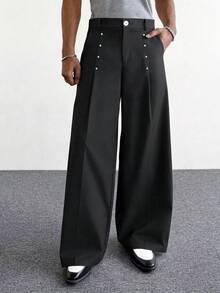 PAVTROS Men's Black Pants, Rivet Design, High-Fashion Versatile Loose Casual Trousers - Black - View 2