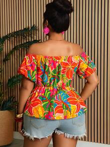 Villa Velisse Plus Size Women Tropical Plant Off Shoulder Short Petal Sleeve Blouse - Multicolor - View 2