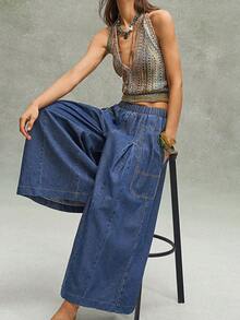 Bohemela BohoFeels Tenue bohème printemps/été : Pantalon ample en denim lavé, coupe large et cropped, style bohème décontracté pour femme. Parfait pour les escapades décontractées, les concerts de style western/country, les festivals de musique et les soirées. Convient pour les tenues de vacances à la plage, le port quotidien, la rentrée scolaire, les sorties et les soirées. Idéal aussi pour les looks inspirés des années 2000, la mode Y2K et les tenues estivales. - Bleu azur - Voir 4