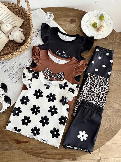 SHEIN Bộ 6 món cho bé gái 0-3 tuổi, mùa xuân/hè, kiểu dáng thường ngày, dễ thương, màu trơn, áo thun tay ngắn bất đối xứng và quần short.
