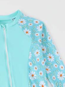 Young Girls One-Piece Swimsuit,Floral Patchwork Long Sleeve & Pants,Conservative Rash Guard Kids Swimsuits With Zipper For Summer,Beach,Holiday - Blue - View 6