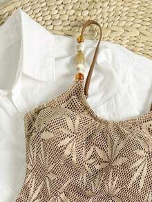 Swim Mod Spring/Summer Knit Jacquard Wireless Spaghetti Strap Backless High Cut One-Piece Swimsuit, Elegant Beach Holiday Style - Brown - View 5