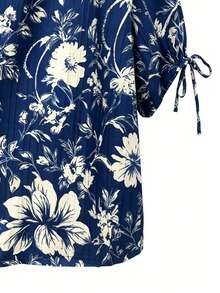 SHEIN LUNE CURVE Áo kiểu nữ cỡ lớn tay ngắn in họa tiết hoa lan, thắt nơ. - Nhiều màu - Xem 4