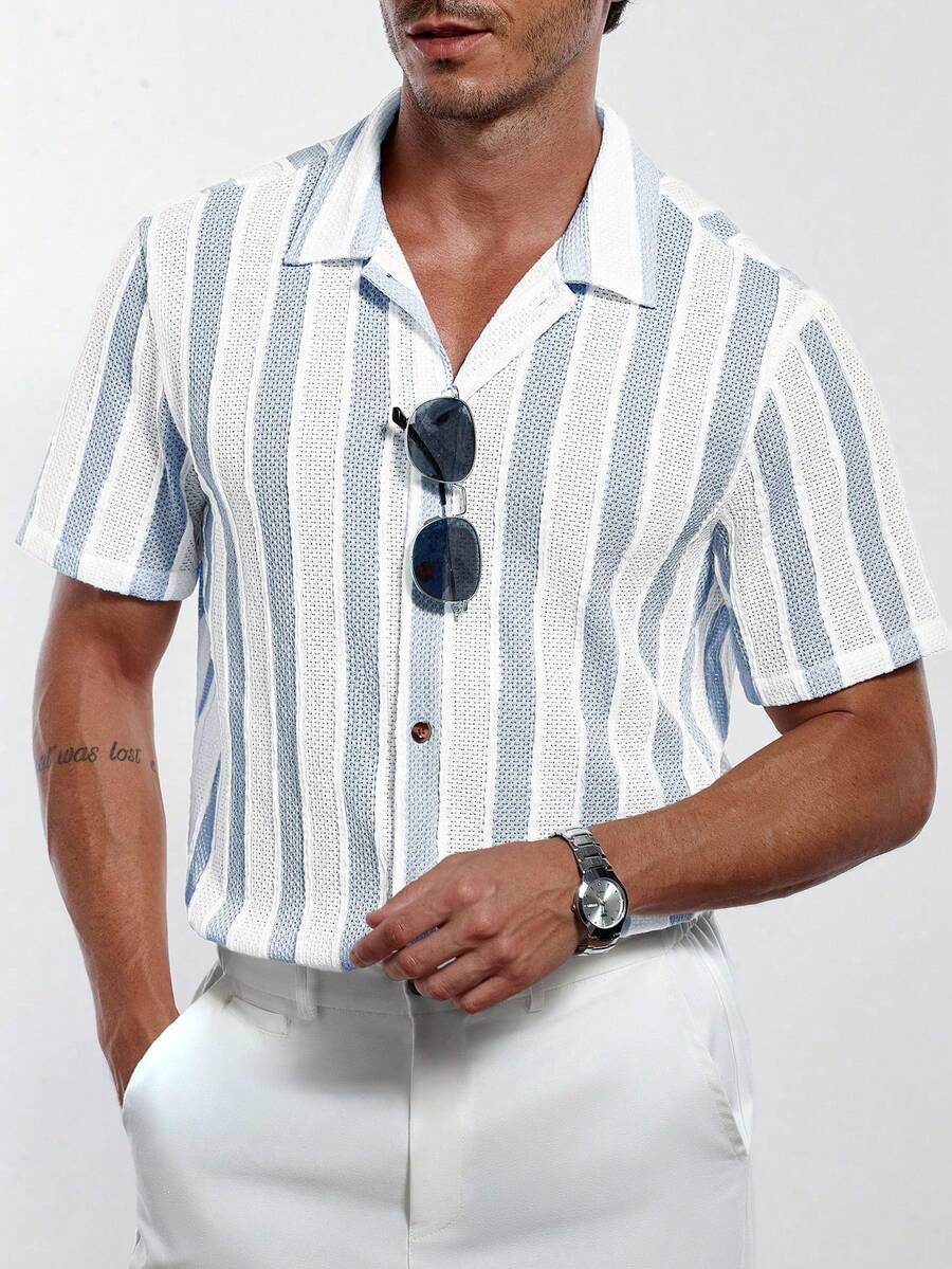 Manfinity CasualCool 男士加大码提花条纹 Polo 衫 - 淺藍色 - 查看 1